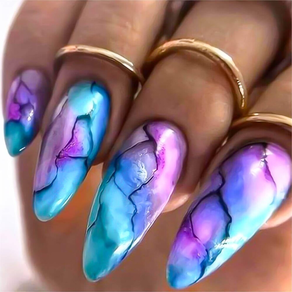 Long Almond Press On Nails Gradient Glossy Fake Nails Set with Marble Design 24Pcs Reusable