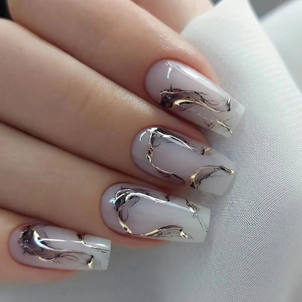 White Coffin Press On Nails Short Acrylic Fake Nails With Bling For Wedding Women 24Pcs