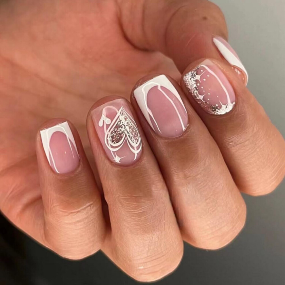 Valentine's Day Press on Nails Golden Glitter French Tip with Heart Design Square Acrylic False Nails Kit 24Pcs