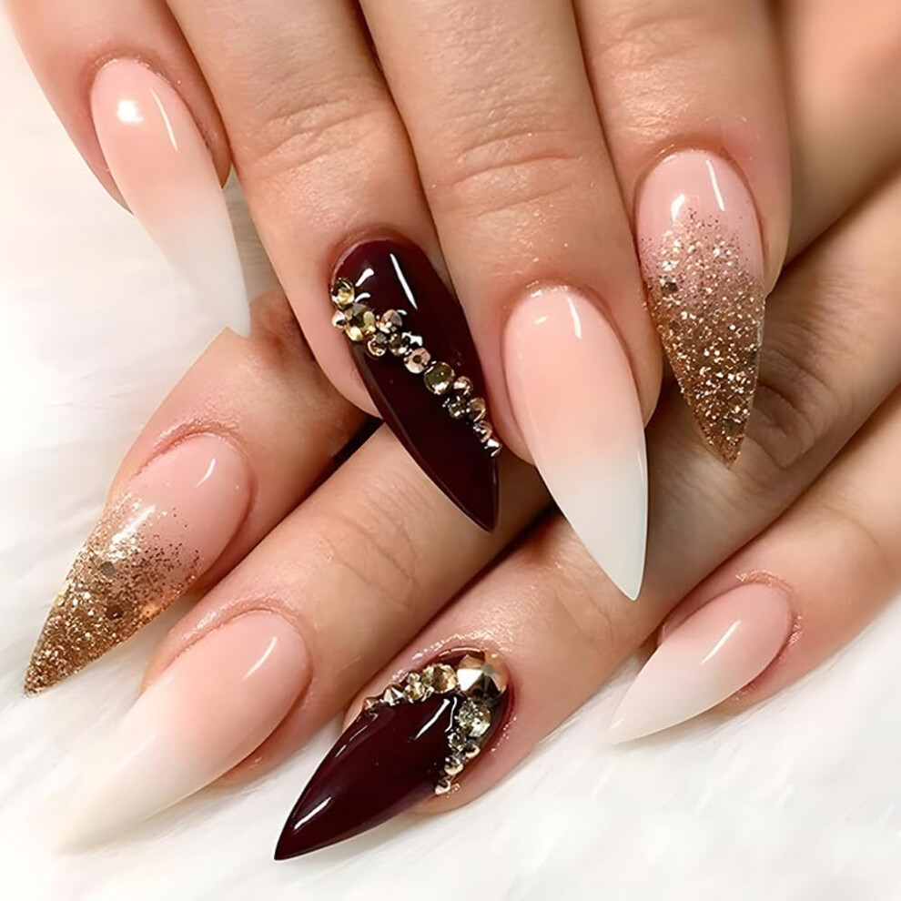 White Almond Press On Nails With Rhinestones, Short Ombre Acrylic Fake Nails, Glitter Gradient 24Pcs For Wedding