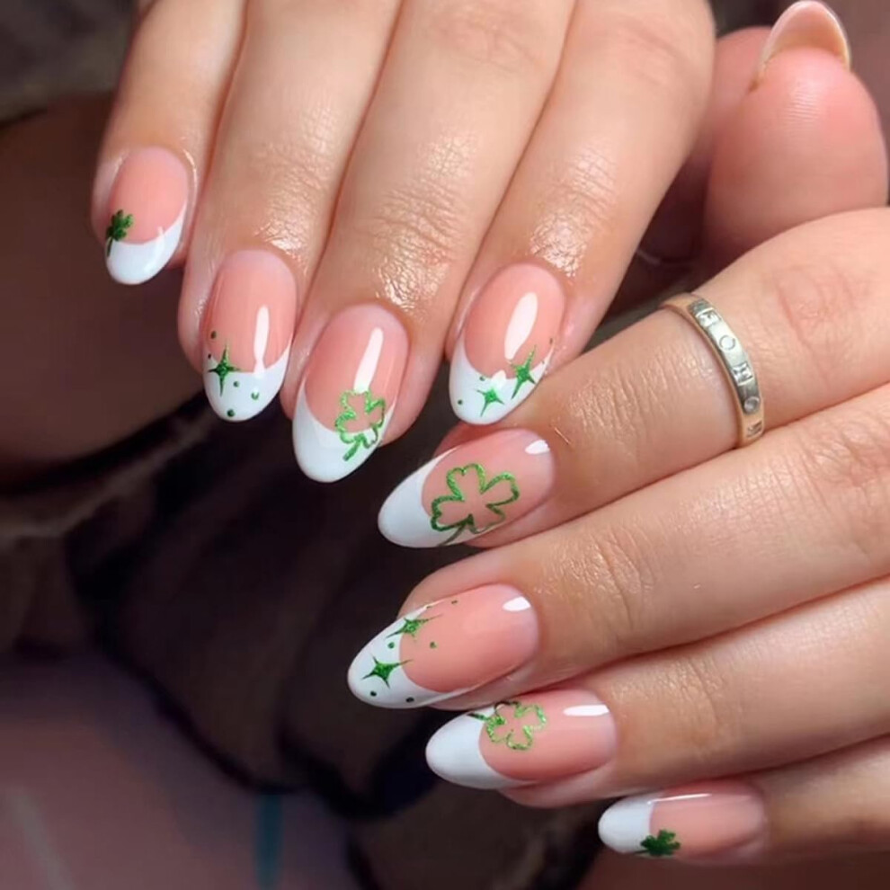 St. Patrick's Day Press On Nails French Tip Fake Nails with Festive Clover Design for Women