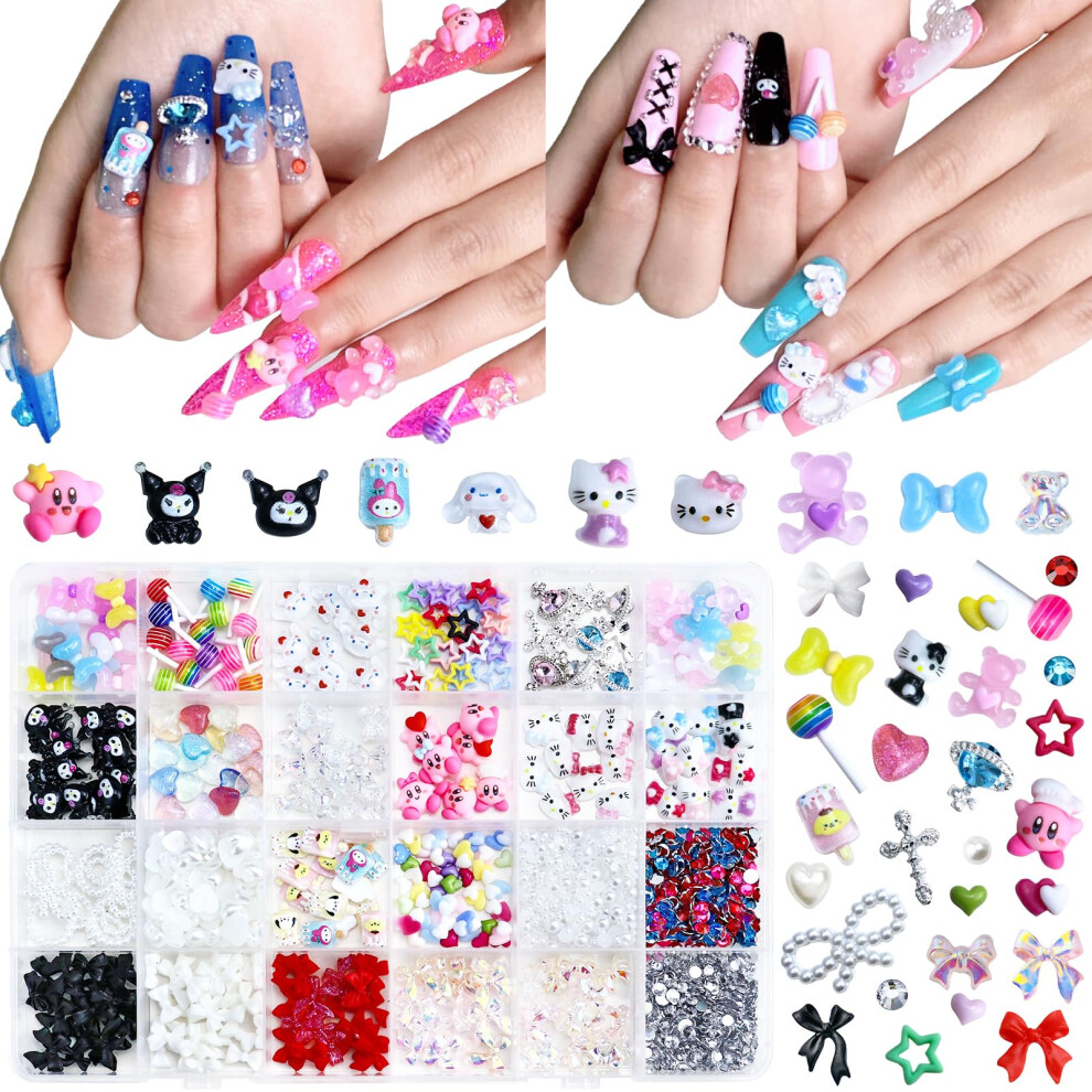 Assorted 3D Nail Charms Set, Kawaii Cartoon Decorations with Rhinestones and Pearls for DIY Crafts