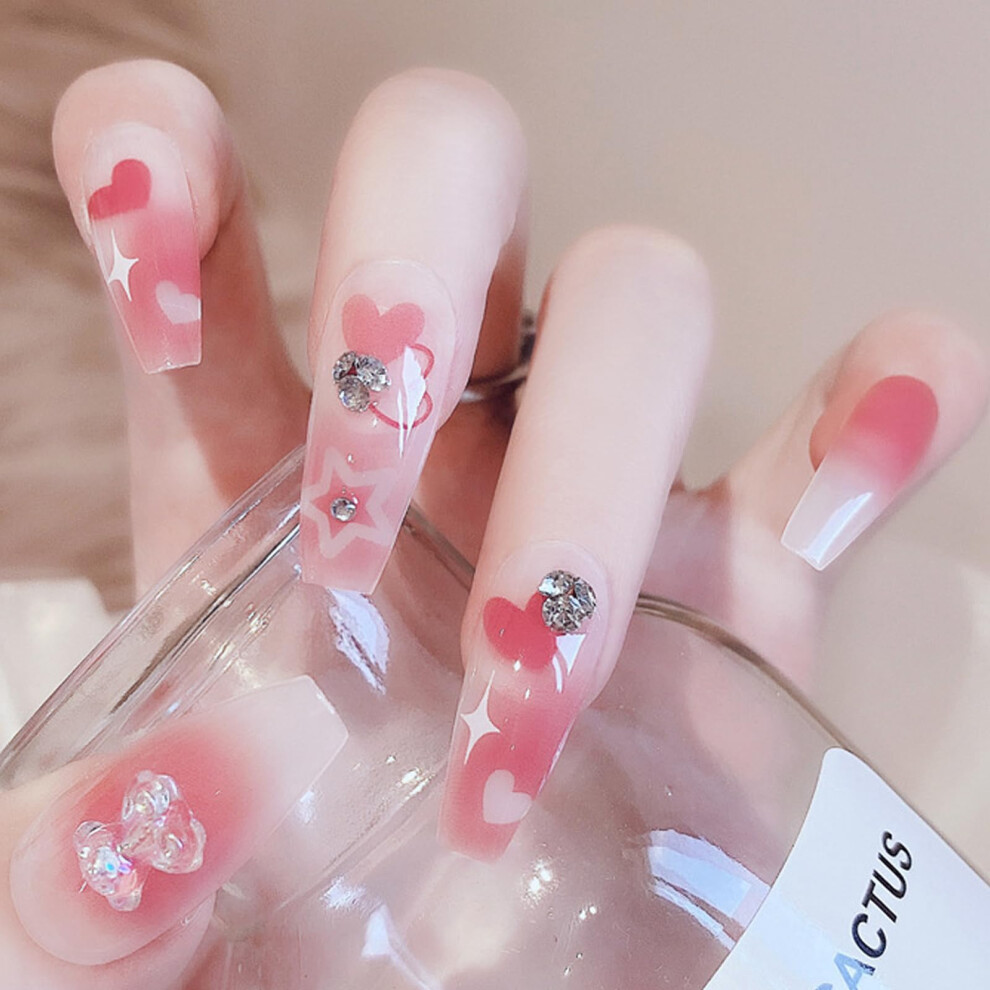 Pink Valentine's Day Press On Nails Heart Acrylic Coffin Fake Nails With Rhinestones 24Pcs