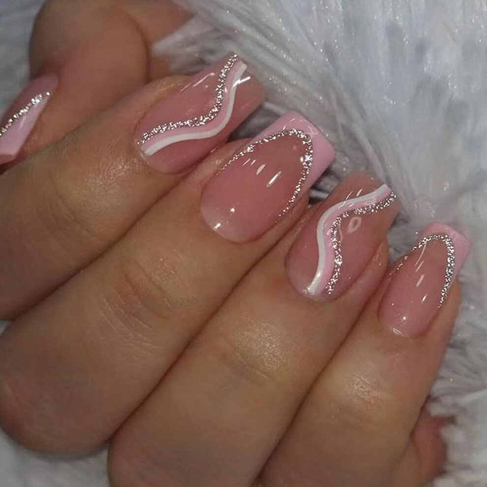 Pink,Gold French Tip Press On Nails Pink Coffin Glitter Gold Acrylic Fake Nails For Wedding And Manicure