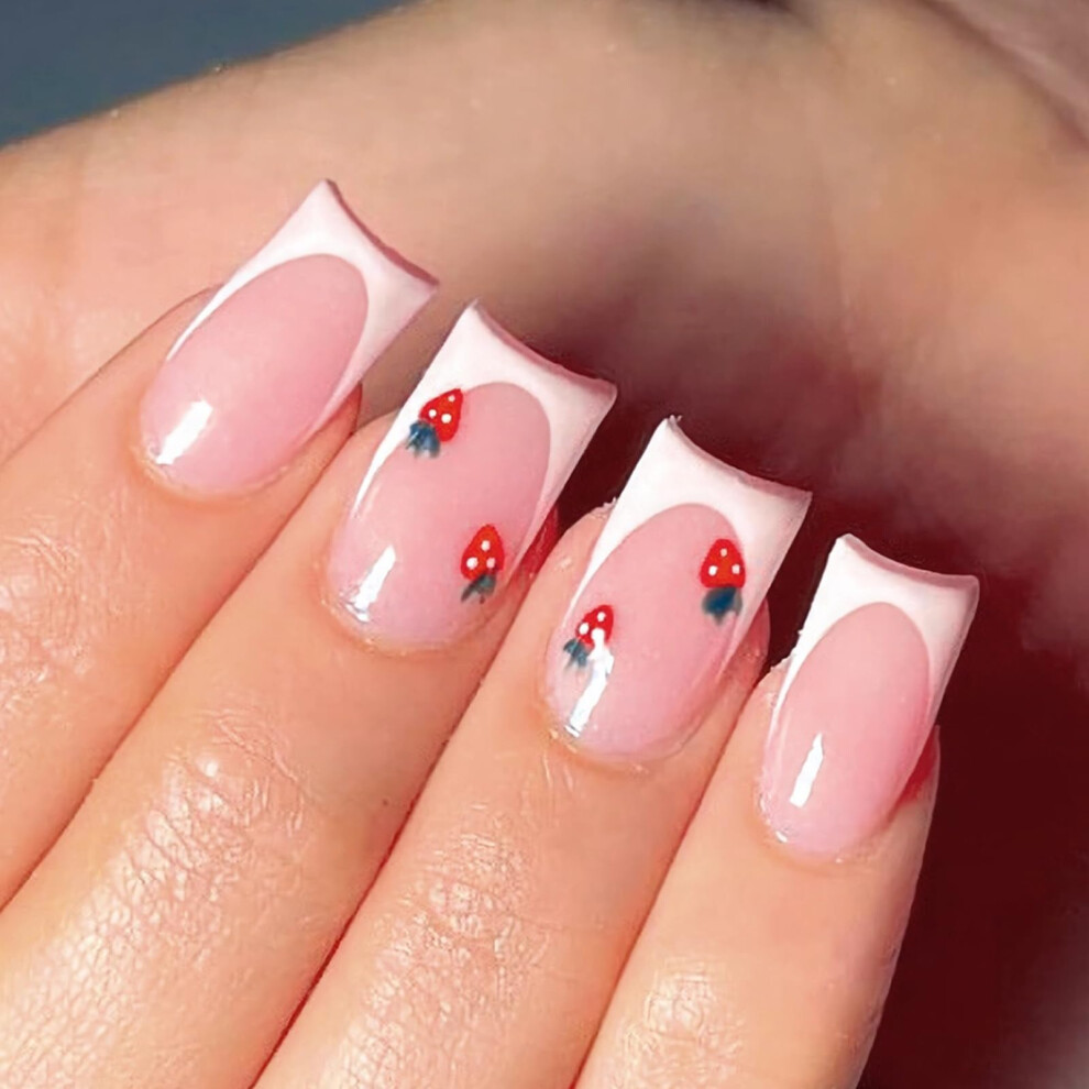 White,Cream Medium Coffin Press On Nails White Tip Nude Glossy Acrylic Fake Nails For Valentine's Day 24Pcs