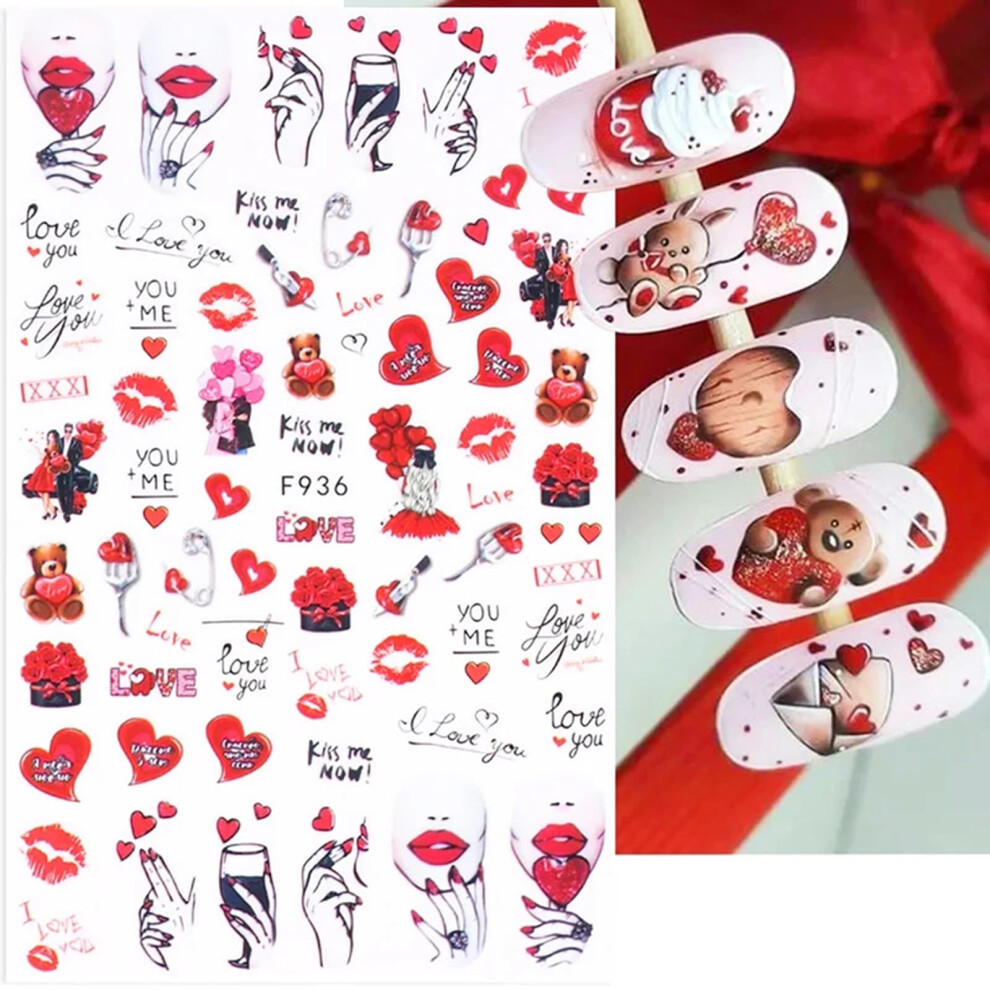 Red Valentine's Day Nail Stickers 8 Sheets, 3D Selfadhesive Heart Lips Bear Decals For Manicure