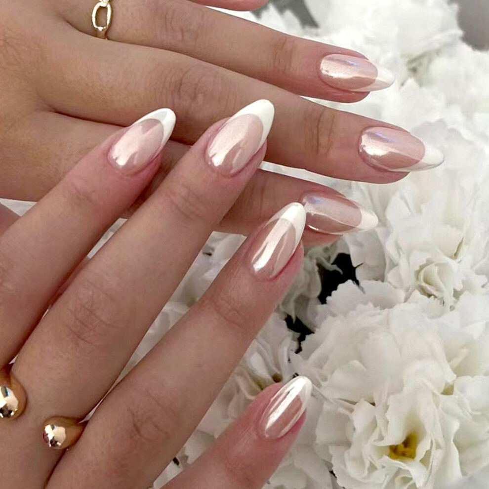 Cream Almond Shape French Tip Press On Nails Medium Length Glossy Nude Acrylic False Nails For Women