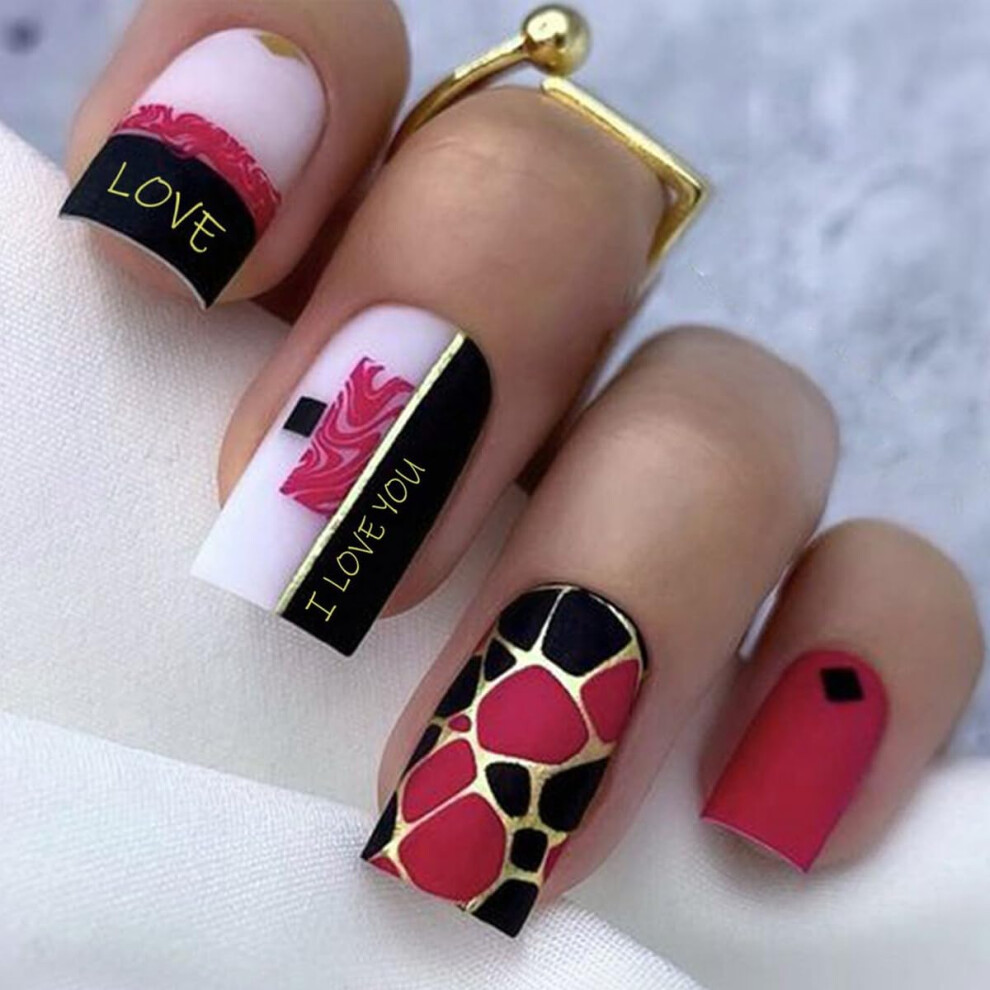Valentine's Day Press On Nails with Gold Foil French Design, Reusable Coffin Fake Nail Set