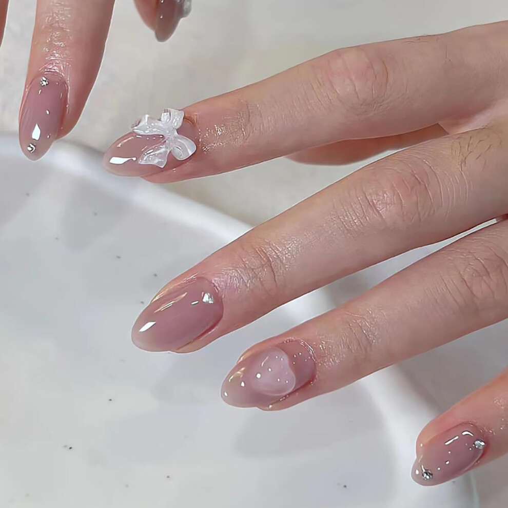 Press on Nails Short Almond Pink Acrylic False Nails with Rhinestones Handmade Glue on Nail Kit for Women 24pcs