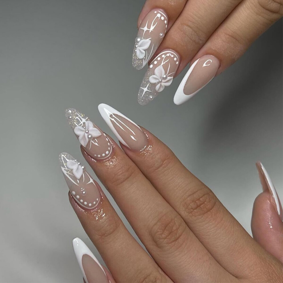 Medium Almond Press on Nails 3D Butterfly French Tip Acrylic Fake Nails with Glue 24 Pcs Reusable