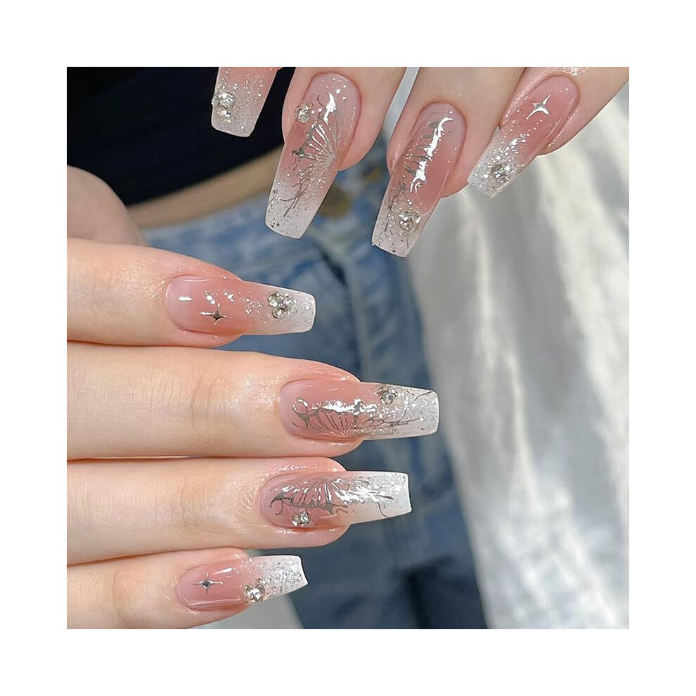 White French Gradient Coffin Press On Nails Silver Diamond Medium Acrylic Glue On False Nails 24Pcs