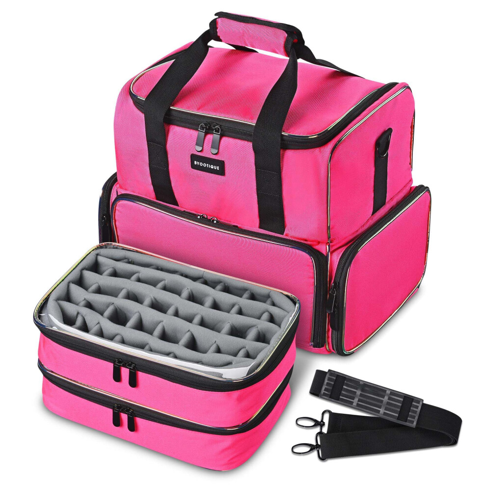 Pink Nail Polish Organizer Bag With Transparent Cover, 80Bottle Capacity, Removable Dividers For Nail Technicians