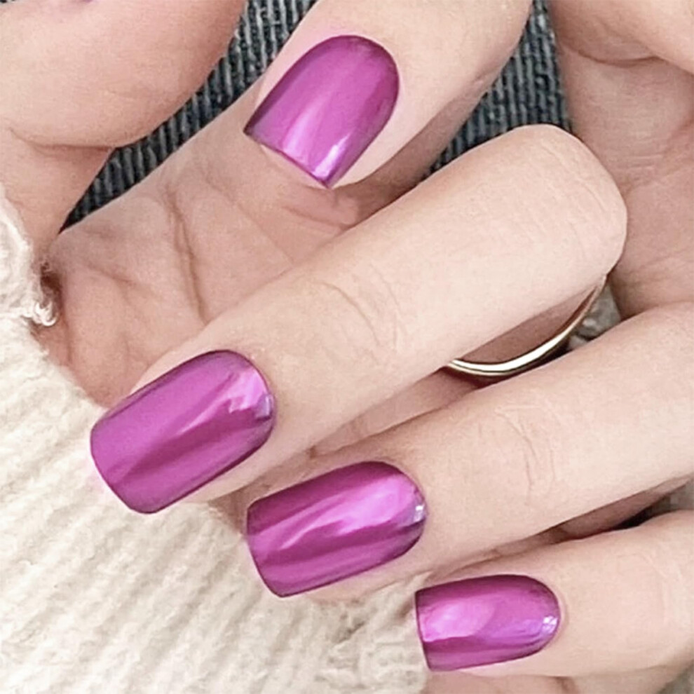 Chrome Pink Press On Nails 24pcs Square Acrylic Fake Nail Set with SalonQuality Glossy Finish