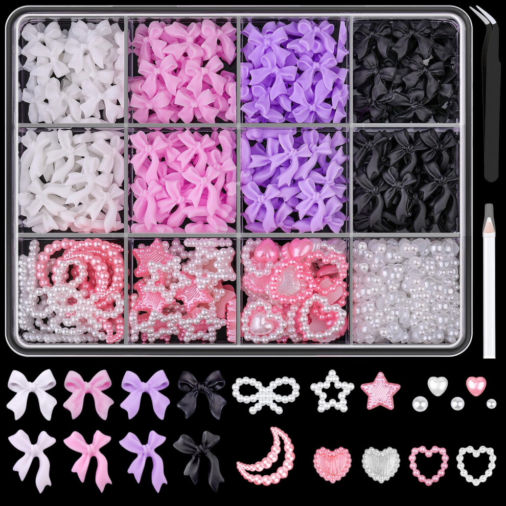 600 Pcs 3D Nail Charms and Pearls Set, 12Grid Storage, Bows Stars Hearts, Nail Art Kit with Tools