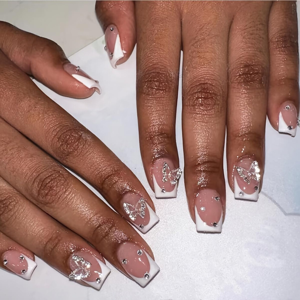 Medium Length Square French Tip Press On Nails with Butterfly Charm and Rhinestone Design