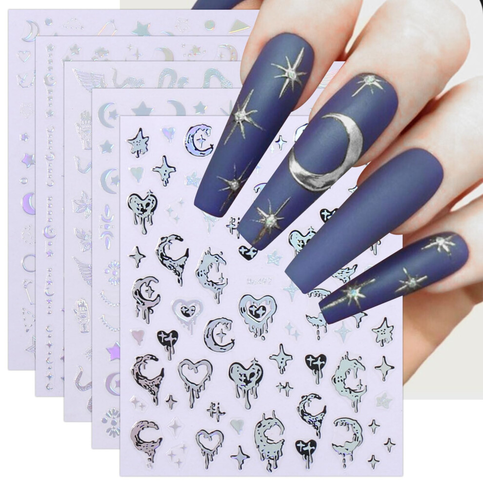 Silver Moon Star Heart Self Adhesive Nail Art Stickers Aurora Decals For Natural And Acrylic Nails