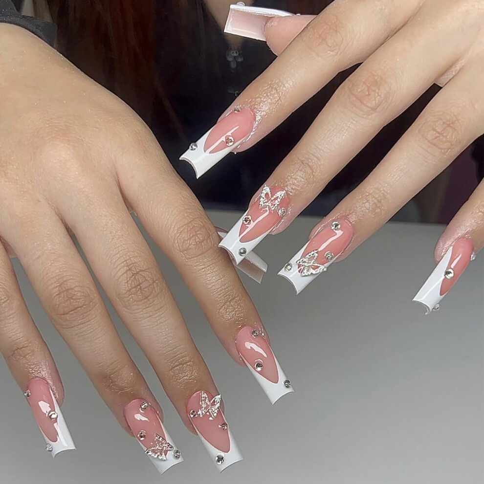 Long Square Nude Pink Press On Nails with Butterfly Rhinestones, Glossy Acrylic Fake Nails Set
