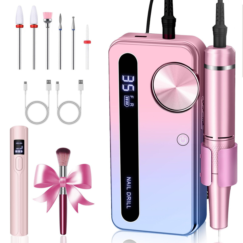 Cordless Nail Drill 35000RPM with Mini UV Lamp, Rechargeable Electric Nail Drill for Acrylic and Gel Nails, Pink