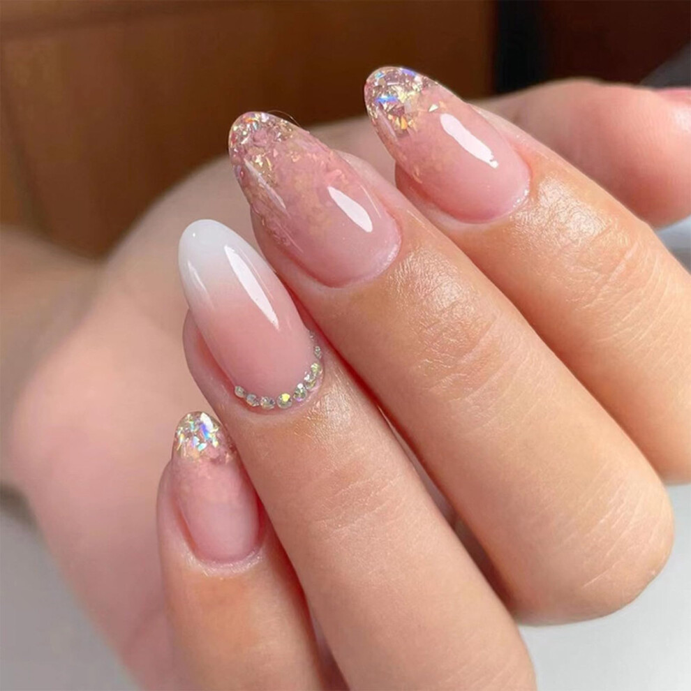 Pink Press On Nails with Designs Rhinestone Glitter Almond and Oval Shapes Glossy Acrylic 24pcs