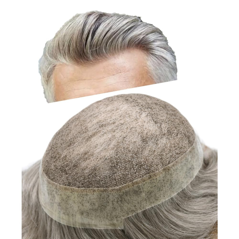 Unisex Brown,Grey Men's Hair Toupee French Lace Human Hairpiece With Natural Hairline 7X9 120% Density Dark Brown Grey