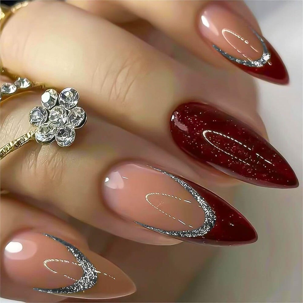 Red Almond Press On Nails With Glitter French Tips, Reusable Acrylic Fake Nails, 24Pcs