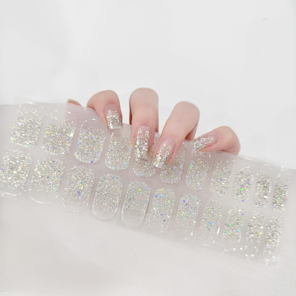 Semi Cured Gel Nail Strips French Tip with Clear Sequins, Full Coverage Wraps for Women