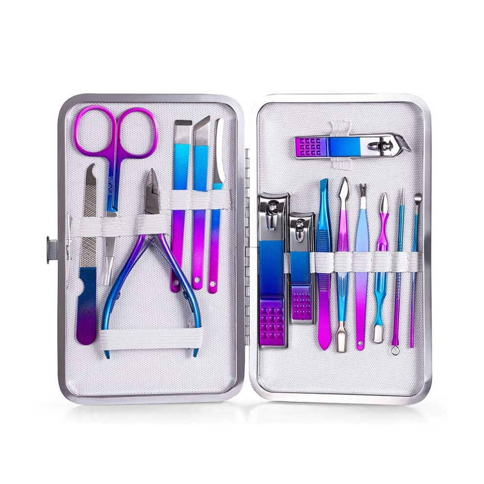 15 Pieces Manicure Set Stainless Steel Nail Clippers Pedicure Kit Professional Grooming Color B