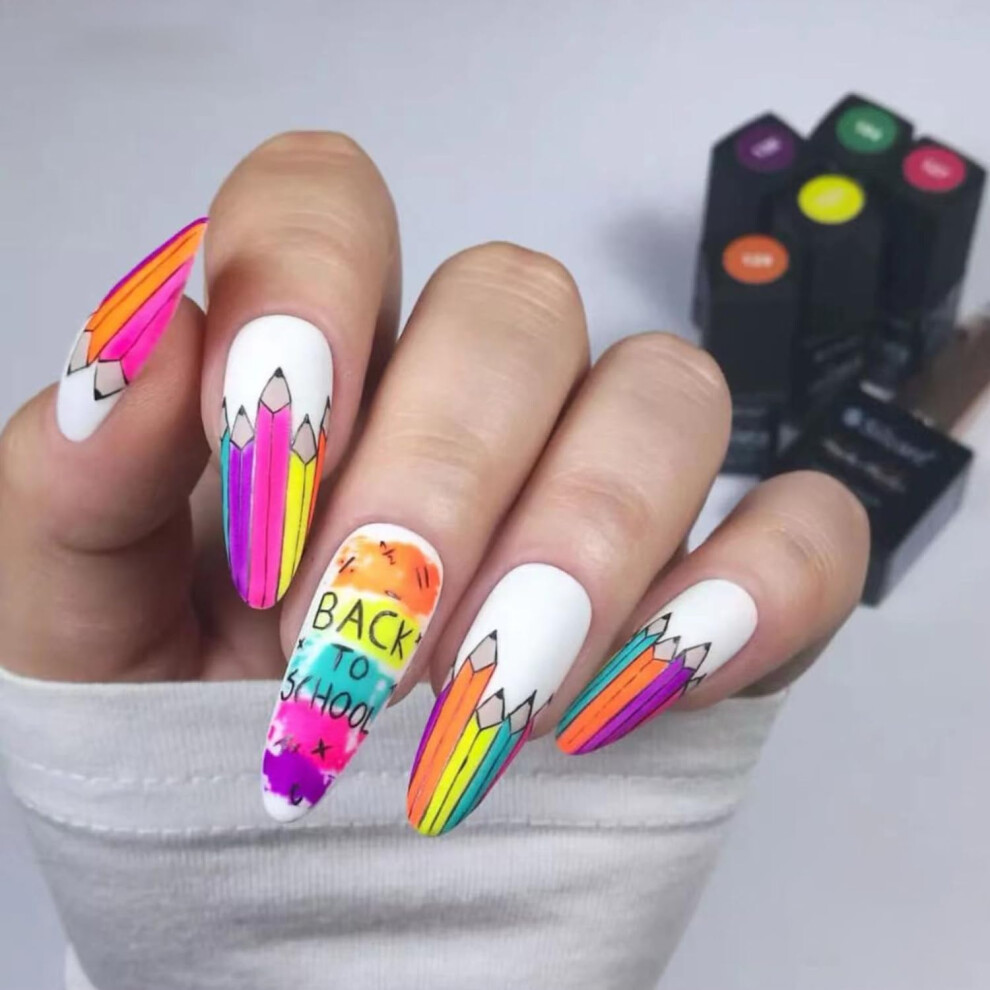 Medium Almond Press on Nails Matte Back to School Fake Nails with Crayon Graffiti Design 24Pcs