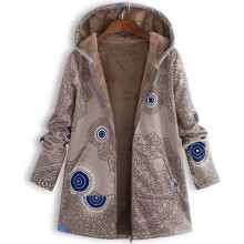 (Circle Khaki, 6) Ladies Winter Fleece Hooded Jacket Coat Zip Up Outwear PRINTED Outdoor PLUS~SIZE