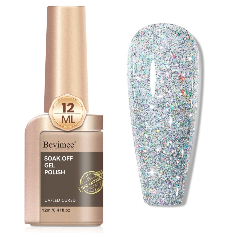 Silver Glitter Gel Nail Polish Holographic Reflective Finish Uv Soak Off 12Ml Longlasting Shine