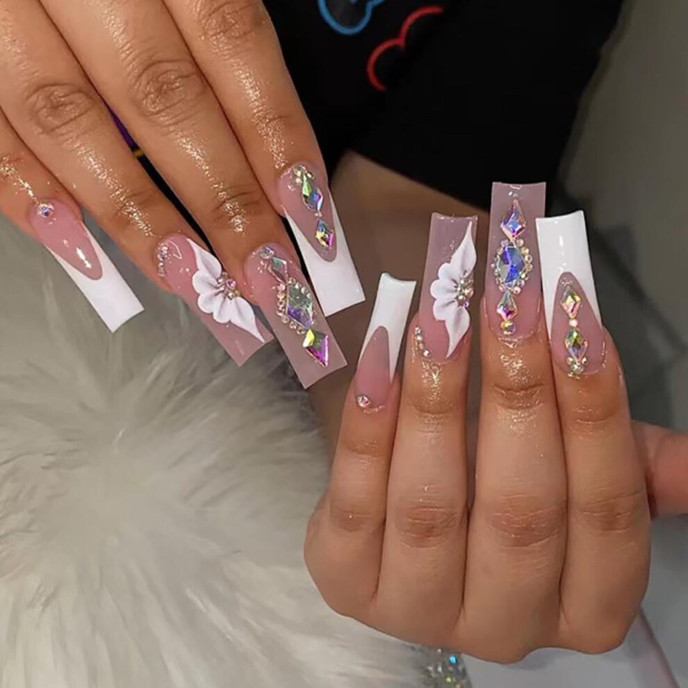 Long Coffin Press On Nails 24pcs French Acrylic False Nails for Women Reusable Durable Manicure