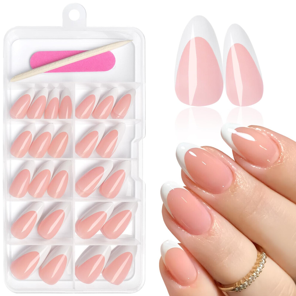 White 120Pcs Medium Almond French Tip Press On Nails, Breakresistant Soft Gel Reusable Kit