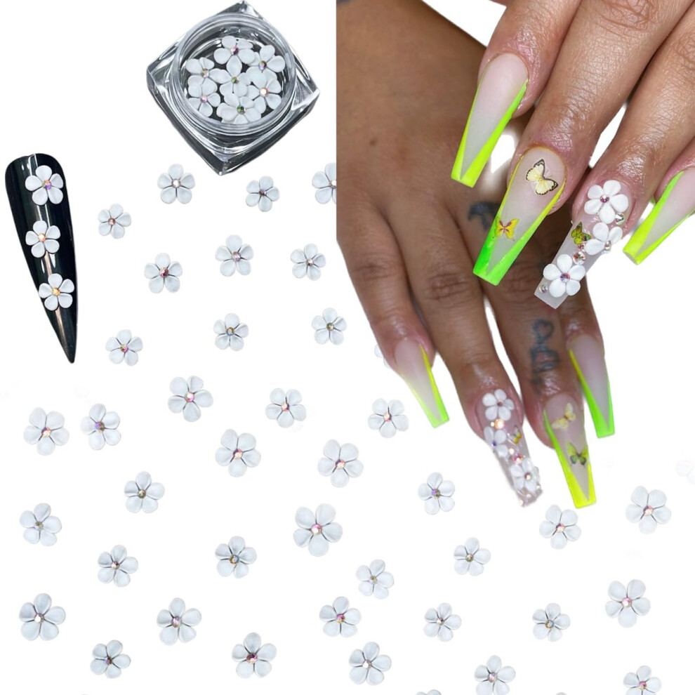 30Pcs White 3D Flower Nail Charms with Rhinestones, Handmade Acrylic Nail Art Decorations