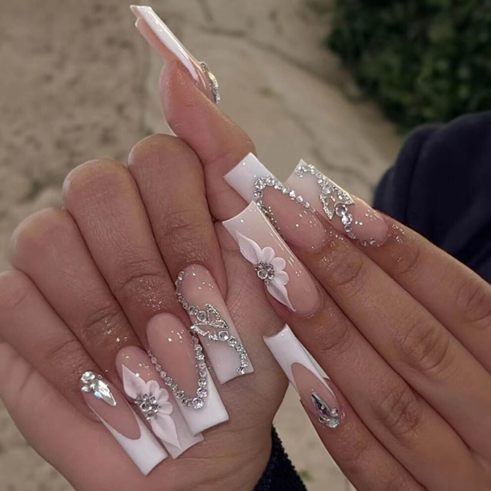 Long Coffin Press On Nails Set with Butterfly Design, Reusable Crystal Acrylic Fake Nails 24PCS