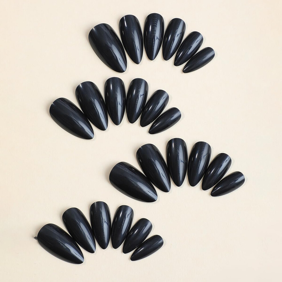 Almond Shape Black Press on Nails 24pcs Set, Reusable Fake Nail Tips with FadeResistant Finish