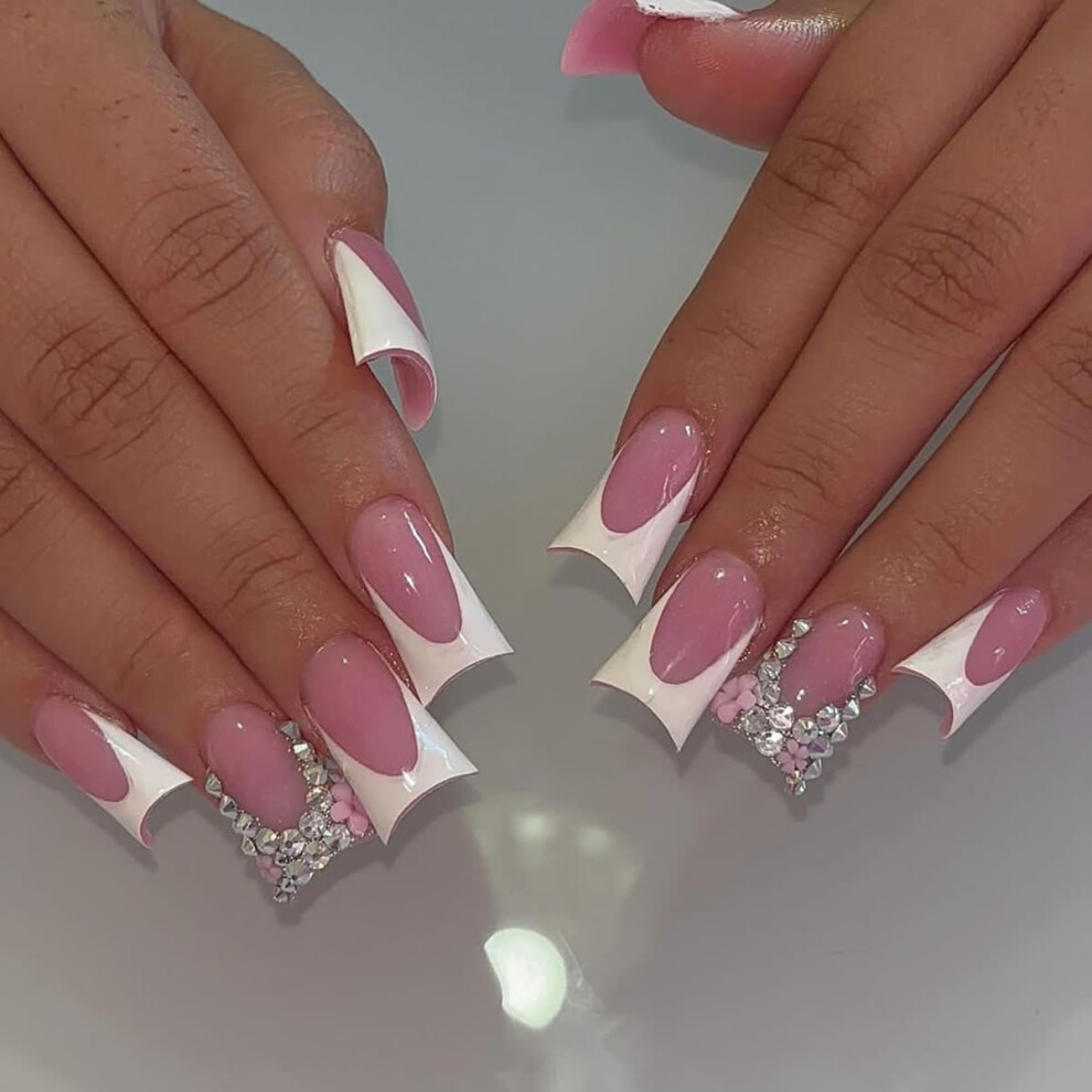 White French Tip Duck Feet Press On Nails Fake Nails With Rhinestones Flower Design 24Pcs