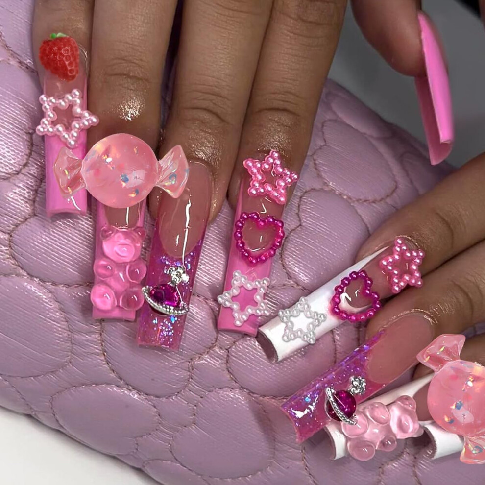 French Press On Nails Kit Reusable Acrylic False Nails Duckbill Floral Design 24pcs with Glue
