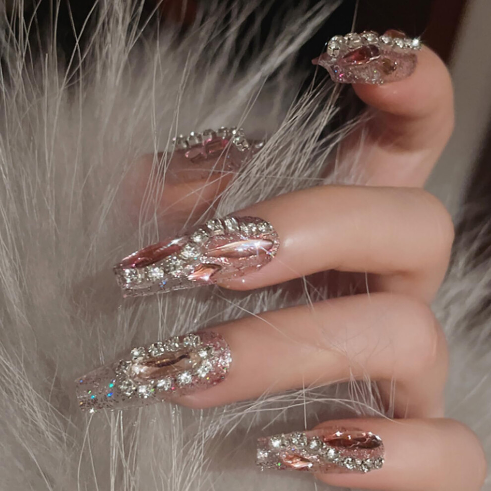 Press On Nails Acrylic Coffin Fake Nails with Rhinestone Glitter French Design 24pcs Reusable
