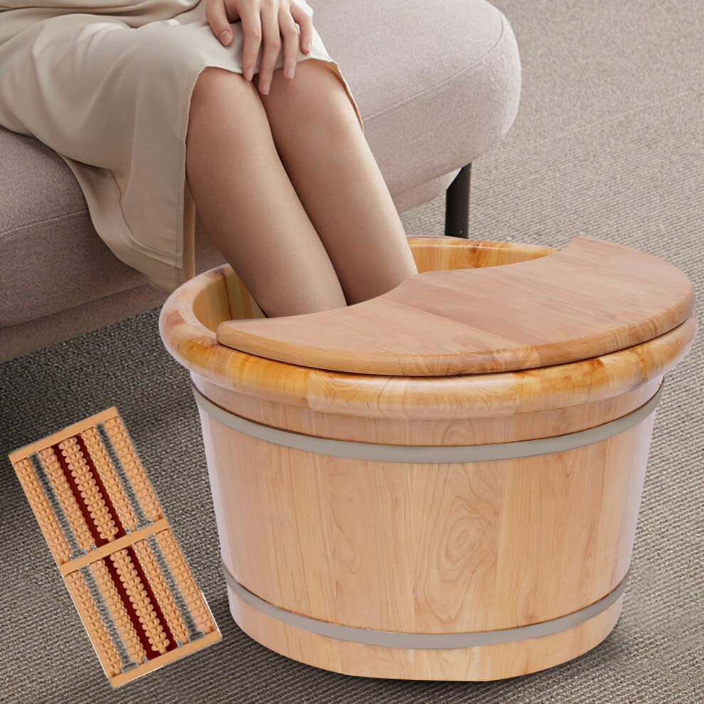 Wooden Foot Bath Tub with Lid and Massage Balls, LeakResistant Cedar Soak Bucket for Home Spa