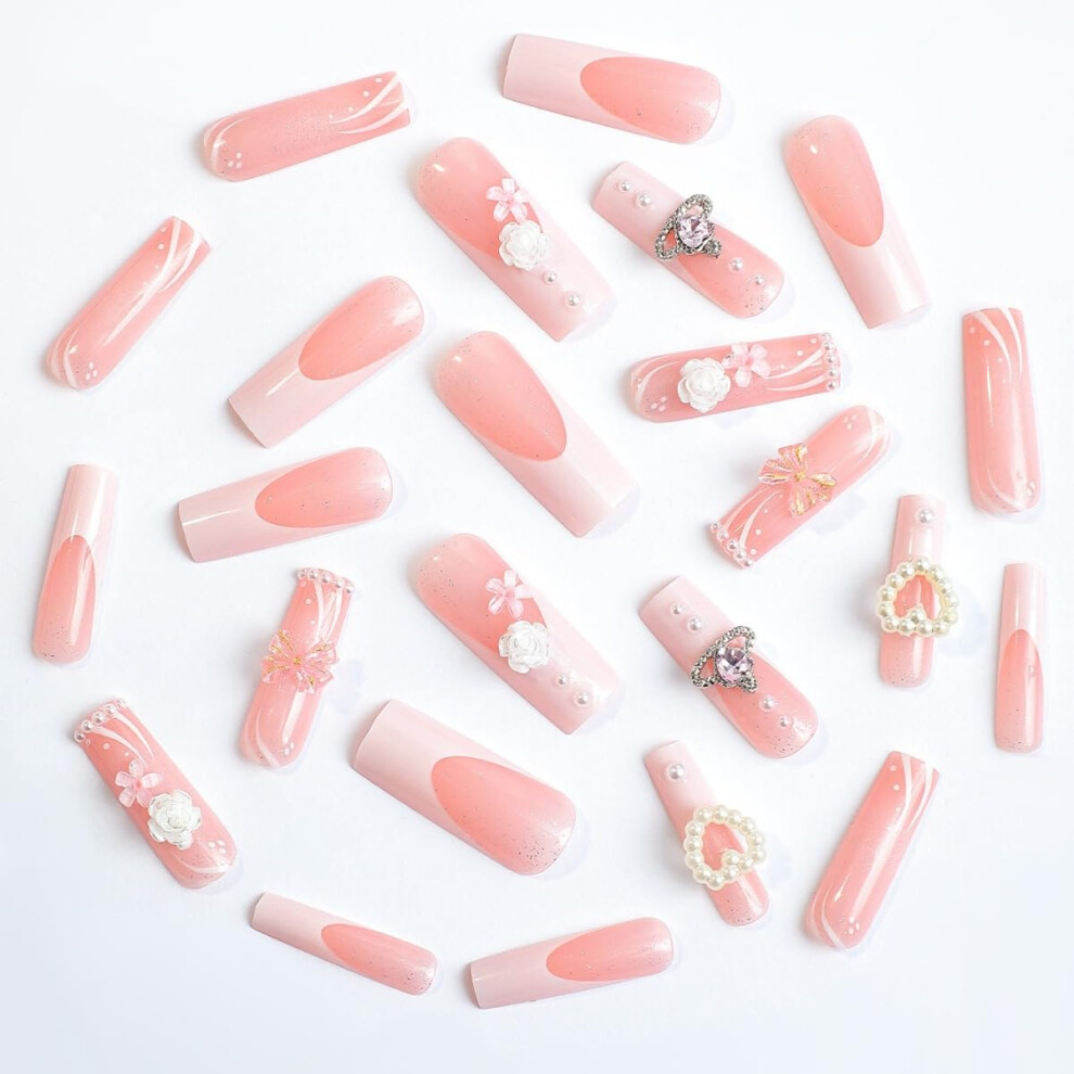 Long French Press On Nails with Pearls Butterfly Design 24pc Acrylic Fake Nail Set
