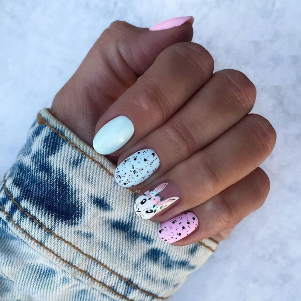 Easter Short Oval Press On Nails Set 24pcs Acrylic Fake Nails with Adhesive Bunny Egg Design