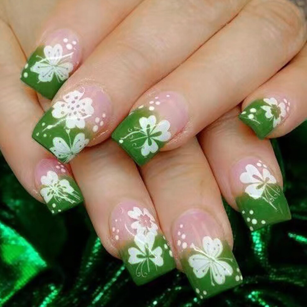 Green St Patricks Day Press On Nails Short Square Fake Nails With Shamrock French Tips