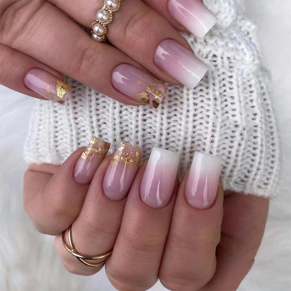 Gold,Purple Purple Gradient Press On Nails 24Pcs Glossy Glue On False Nails With Gold Sequin For Women