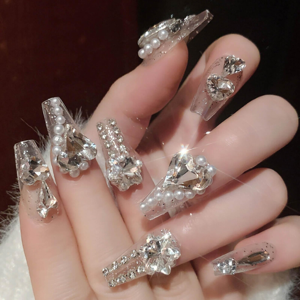 Medium Length Coffin Press on Nails French Tip with Rhinestones and Pearls Instant Salon Manicure