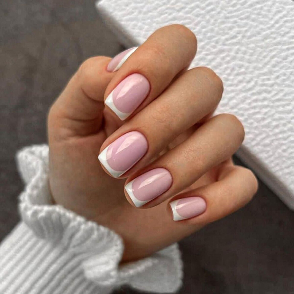 French Tip Press on Nails 24PCS Pink Acrylic False Nails Square White Tips Reusable Manicure Set
