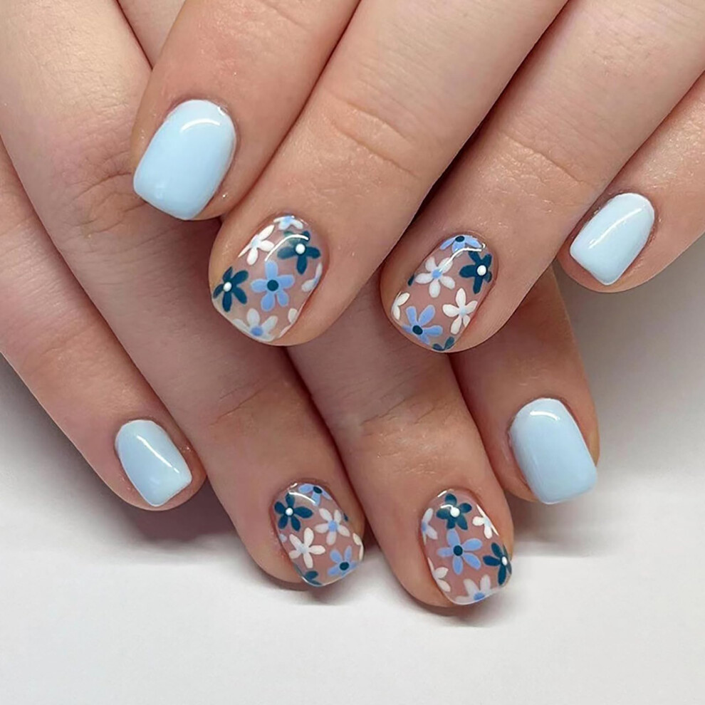 Blue Press On Nails Short Square Floral Fake Nails Set With Glue Instant Salon Look 24Pcs