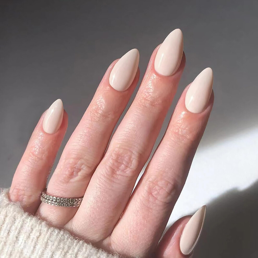 Cream Short Almond Nude Press On Nails Set With Glue, Reusable Solid Color Acrylic False Nails 24Pcs