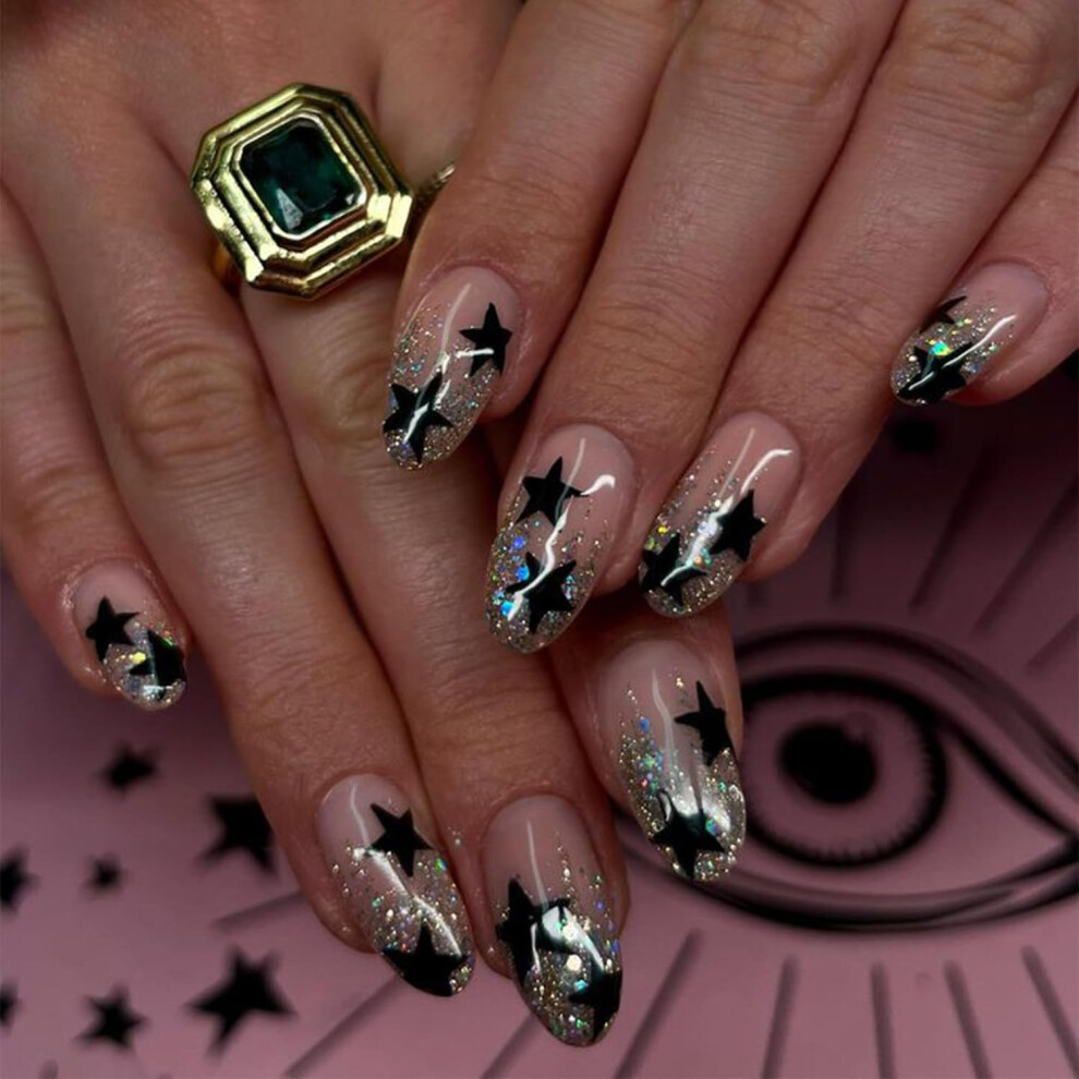 Black Press on Nails with Glitter, Medium Length Silver Fake Nails, Reusable Acrylic Nail Set