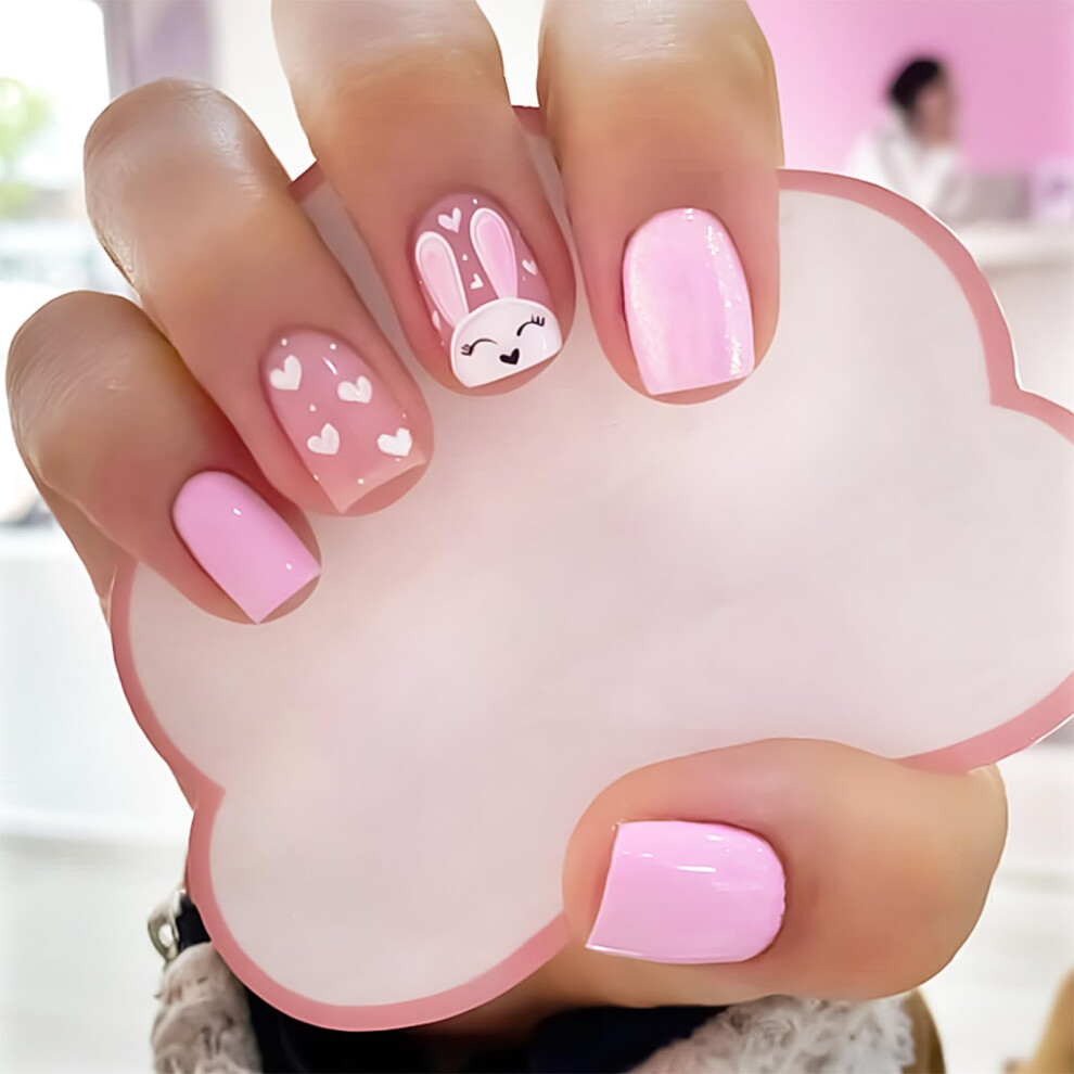 Pink Easter Press On Nails Heart Bunny Short Glossy Acrylic False Nail Kit 24Pcs For Women Girls