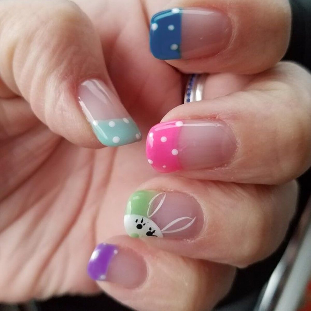 Easter Bunny Press On Nails Short Square French Tip Fake Nails with Polka Dots Rabbit Design 24Pcs